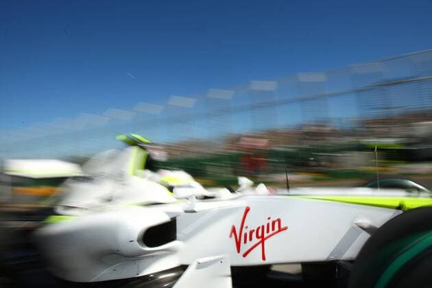 Virgin Schriftzug auf dem Boliden von Rubens Barrichello (Brasilien Brawn GP) Motorsport Grand Prix Herren Großer Preis von Australien 2009, Formel 1 Weltmeisterschaft, F1, F, GP, WM, Qualifying Einzelbild Albert Park Melbourne Dynamik,