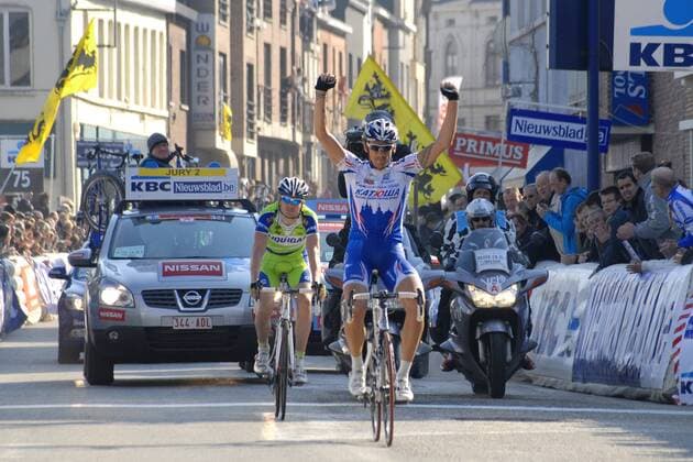 Filippo Pozzato (Italien Katusha, re.) gewinnt vor Frederik Willems (Belgien Liquigas) die 1. Etappe der KBC Driedaagse van De Panne Koksijde 2009 Radsport Herren KBC Driedaagse van De Panne Koksijde 2009, Straßenradsport, Straße, Rad, Vdig Gruppe 1. Etappe: Middelkerke - Zottegem Freude,