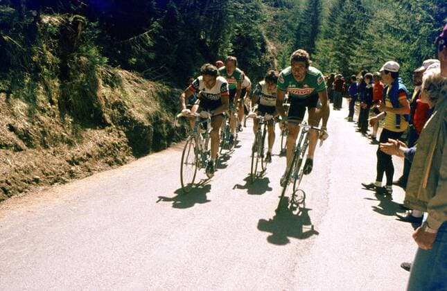 Gregor Braun (BR Deutschland Sanson Campagnolo, re.) -  Radsport Herren Giro d Italia 1980, dItalia, Straßenradsport, Straße, Rad Gruppe Aufnahmedatum geschätzt 18. Etappe: Sirmione - Pecol
