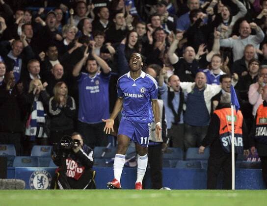 Didier Drogba (Chelsea) - Torjubel - EDITORIAL USE ONLY. No use with unauthorised audio, video, data, fixture lists, club league logos or live services. Online in-match use limited to 120 images, no video emulation. No use in betting, games or single club league player publications. Fußball EC 1 Herren Champions League 2008 2009, Chelsea FC London Einzelbild London Freude, Begeisterung