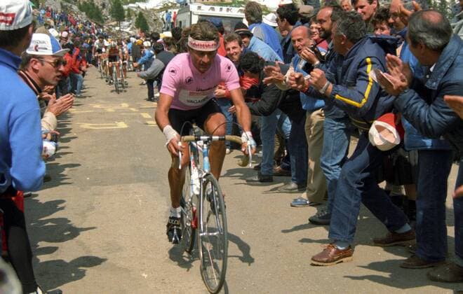 Roberto Visentini (Italien Carrera) im rosa Trikot -  Radsport Herren Giro d Italia 1986, dItalia, Straßenradsport, Straße, Rad, Gruppe 21. Etappe: Bassano del Grappa - Bozen