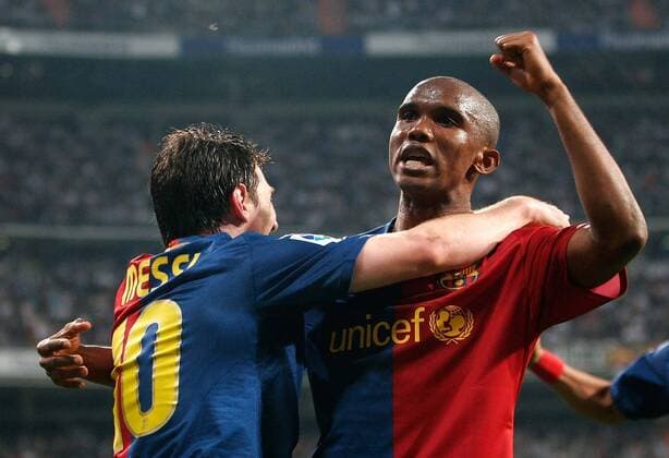 Samuel Etoo (re.) und Lionel Messi (beide FC Barcelona) - Torjubel -  Fußball Herren Primera Division 2008 2009, 1. Liga, Barca Gruppe Madrid Freude,