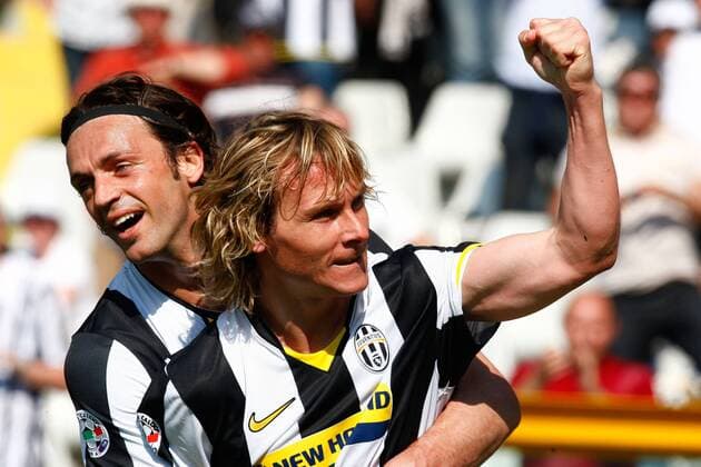Pavel Nedved (re.) und Nicola Legrottaglie (beide Juventus Turin) - Torjubel -  Fußball Herren Serie A 2008 2009, 1. Italienische Liga, Juventus Turin, Juve Gruppe Turin Freude,