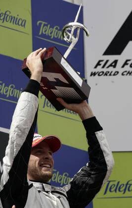 Jenson Button (England Brawn GP) gewinnt den Großen Preis von Spanien 2009 Motorsport Grand Prix Herren Großer Preis von Spanien 2009, Formel 1 Weltmeisterschaft, F1, F, GP, WM Einzelbild Circuit de Catalunya Barcelona Begeisterung, Freude,