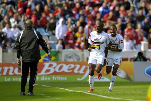 Anthony Modeste (li.) und Loic Remy (beide Nizza) - Torjubel -  Fußball Herren Ligue 1 2008 2009, 1. Französische Liga, OGC Nizza Gruppe Lille Freude,