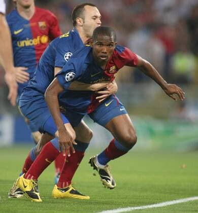 Samuel Eto o (re.) und Andres Iniesta (beide FC Barcelona) - Torjubel -  Fußball EC 1 Herren Champions League Finale 2008 2009, FC Barcelona, Barca Gruppe Rom
