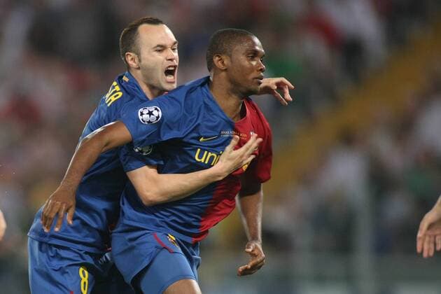 Samuel Eto o (re.) und Andres Iniesta (beide FC Barcelona) - Torjubel -  Fußball EC 1 Herren Champions League Finale 2008 2009, FC Barcelona, Barca Gruppe Rom Freude, Begeisterung,