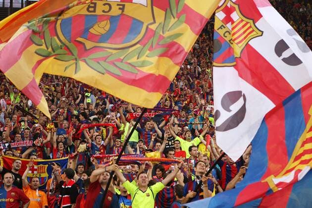 Fans des FC Barcelona jubeln -  (200905277459) Fußball EC 1 Herren Champions League Finale 2008 2009, FC Barcelona, Barca Totale Rom Begeisterung, Freude,
