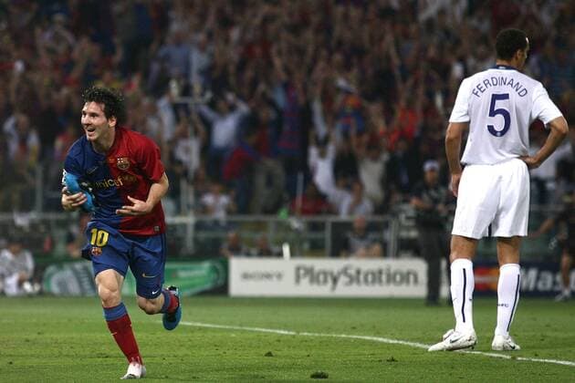 Lionel Messi (FC Barcelona, li.) - Torjubel, Rio Ferdinand (Manchester United) enttäuscht -  Fußball EC 1 Herren Champions League Finale 2008 2009, Manu - Barca 0:2 Gruppe Rom Freude, Enttäuschung,