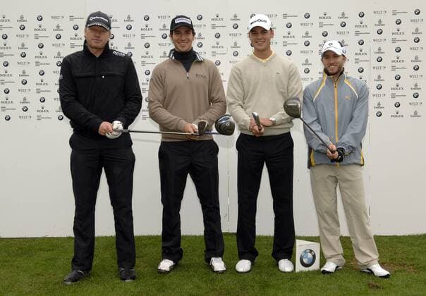 Pro Am der BMW International Open 2009 in München Eichenried, v. li.: Oliver Kahn, Felix Neureuther, Martin Kaymer und Nick Heidfeld (BMW Sauber, alle Deutschland) Golf Herren BMW International Open 2009, PGA European Tour, ProAm, Pro Am, Prominentengolf Gruppe Eichenried München