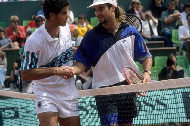 Pete Sampras (li.) und Andre Agassi (beide USA) - shake hands Tennis Herren French Open 1992, Grand Slam, ATP Tour, Gruppe Roland Garros Paris