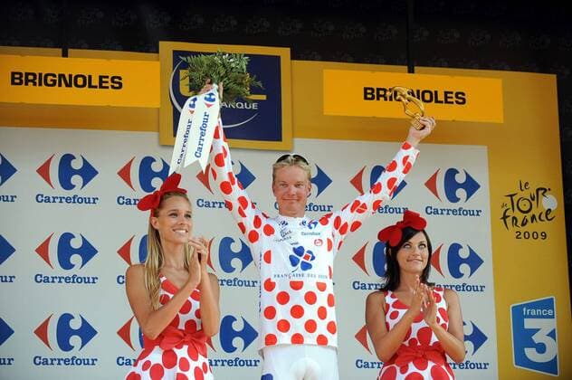 Jussi Veikkanen (Finnland Francaise des Jeux) im gepunkteten Trikot bei der Tour de France 2009 -  Radsport Herren Tour de France 2009, Straßenradsport, Straße, Rad Gruppe Monte Carlo 2. Etappe: Monaco - Brignoles Begeisterung, Freude,