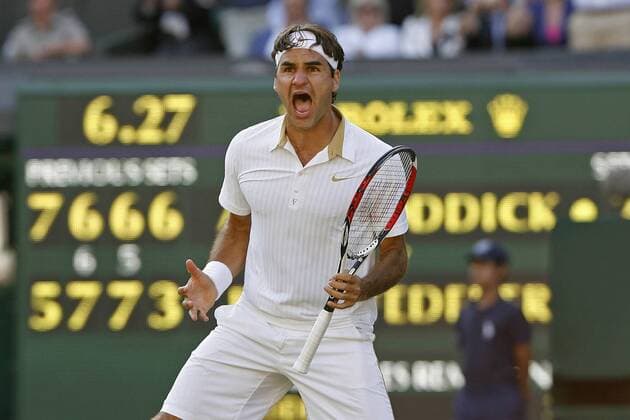 Roger Federer (Schweiz) jubelt, er gewinnt die All England Championships 2009 -  Tennis Herren All England Championships 2009, ATP Tour, Grand Slam, Finale, Einzelbild Wimbledon London Glück, Freude, Begeisterung,