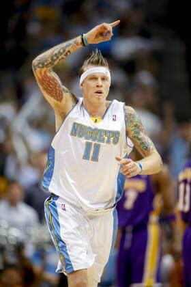 The Denver Nuggets Chris Andersen (#11) reacts after dunking against the Los Angeles Lakers during the first half of their NBA Western Conference Finals playoff basketball game at the Pepsi Center in Denver, Co. May 23, 2009. NBA: MAY 23 Western Conference Finals - Lakers at Nuggets - Game 4 Icon141090523012 EDITORIAL USE ONLY