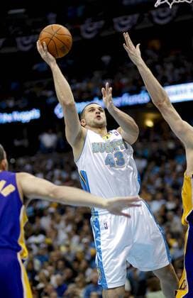 The Denver Nuggets Linas Kleiza (#43) puts up a shot in the lane against the Los Angeles Lakers during the second half of their NBA Western Conference Finals playoff basketball game at the Pepsi Center in Denver, Co. May 23, 2009. The Lakers won Game 3 103-97. NBA: MAY 23 Western Conference Finals - Lakers at Nuggets - Game 4 Icon141090523036 EDITORIAL USE ONLY