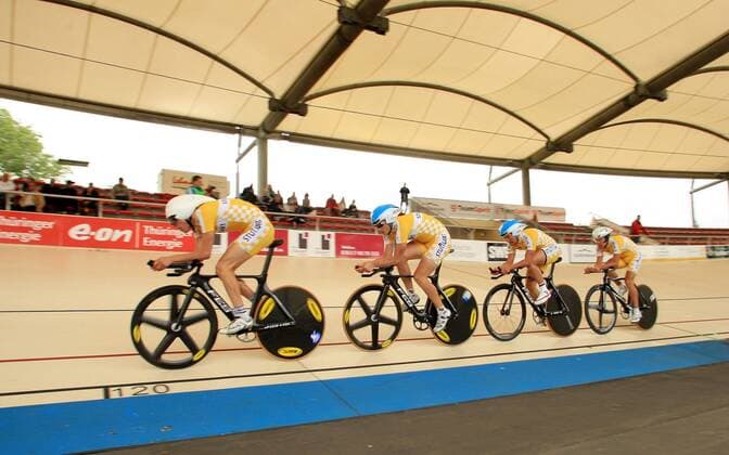Team RSG Stuttgart LV Württemberg mit Leif Lampater, Ralf Matzke, Fabian Schaar und Jakob Steigmiller (alle Deutschland) Radsport LM Herren Deutsche Bahnradmeisterschaft 2009, Meisterschaft, DM, Rad, Bahnrad, Bahnradsport, Halle, Indoor Gruppe Erfurt