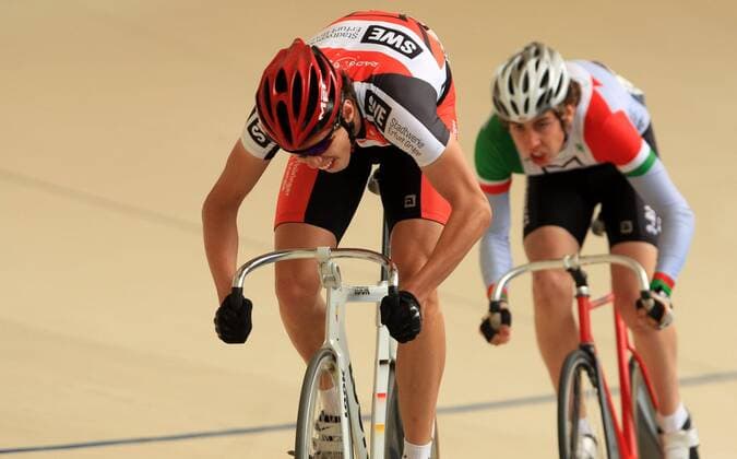 Moritz Abe (li.) vor Niklas Hanel (beide Deutschland) Radsport LM Herren Deutsche Bahnradmeisterschaft 2009, Meisterschaft, Sprint Gruppe Erfurt