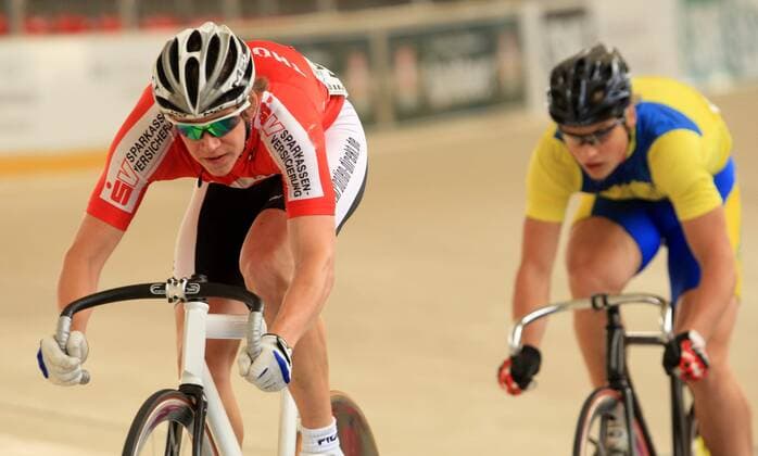 Maximilian Damm (li.) vor Stefan Bötticher (beide Deutschland) Radsport LM Herren Deutsche Bahnradmeisterschaft 2009, Meisterschaft, Sprint Gruppe Erfurt