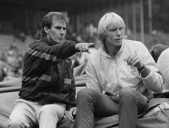 Carlo Thränhardt (re.) und Trainer Gerd Osenberg (beide BR Deutschland) Leichtathletik LM Herren Deutsche Mannschaftsmeisterschaften 1988, Hochsprung, Mannschaftsmeisterschaft, Gruppe