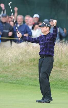 Tom Watson (USA) jubelt -  (LON2009071813) Golf Herren The British Open Championships 2009, PGA European Tour Einzelbild Turnberry, Ayrshire Freude,