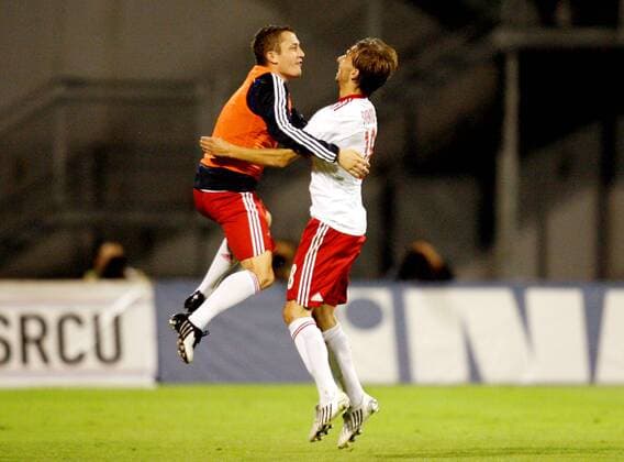 FUSSBALL - ZAGREB - UEFA Champions League Qualifikation, Red Bull Salzburg. Jubel von Sasa Ilic und Dusan Svento (RBS).  o0 FC Redbull