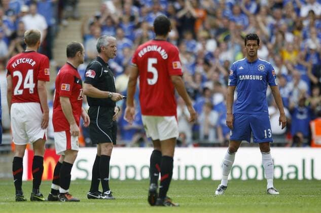Chelsea s Michael Ballack (R) looks on after his sides second goal is given - Community Shield: Chelsea v Manchester United EDITORIAL USE ONLY. No use with unauthorised audio, video, data, fixture lists, club league logos or live services. Online in-match use limited to 120 images, no video emulation. No use in betting, games or single club league player publications. o0 FC - ManU
