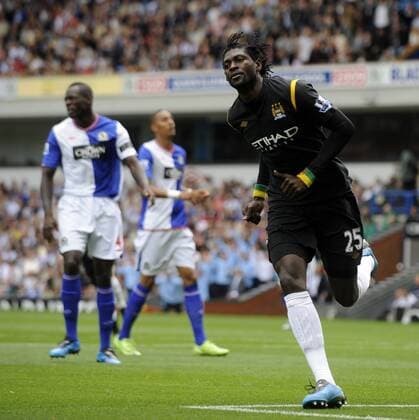 Manchester City debutant Emmanuel Adebayor , Blackburn Rovers v Manchester City 15th August, 2009 EDITORIAL USE ONLY. No use with unauthorised audio, video, data, fixture lists, club league logos or live services. Online in-match use limited to 120 images, no video emulation. No use in betting, games or single club league player publications. o0 Jubel Freude