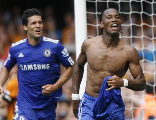 Chelsea s Didier Drogba (R) celebrates with Michael Ballack EDITORIAL USE ONLY. No use with unauthorised audio, video, data, fixture lists, club league logos or live services. Online in-match use limited to 120 images, no video emulation. No use in betting, games or single club league player publications. o0 FC nackt o0 Jubel Freude