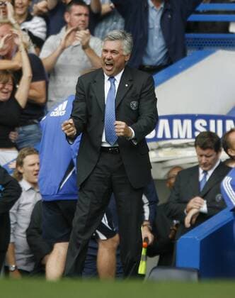 Chelsea s coach Carlo Ancelotti celebrates EDITORIAL USE ONLY. No use with unauthorised audio, video, data, fixture lists, club league logos or live services. Online in-match use limited to 120 images, no video emulation. No use in betting, games or single club league player publications. o0 FC o0 Jubel Freude
