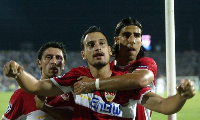 Timo Gebhart (C) with Sami Khedira (R) and Ciprian Marica(Stuttgart) celebrate  o0 Jubel, Freude