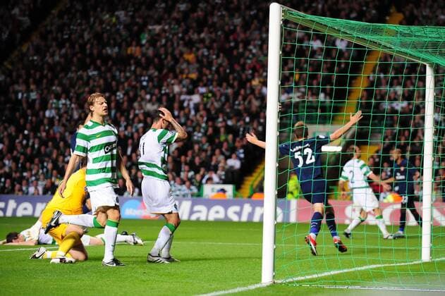 Celtic Glasgow players in despair as the second goal in deflected in from a Gael Clichy of FC Arsenal London - EDITORIAL USE ONLY. No use with unauthorised audio, video, data, fixture lists, club league logos or live services. Online in-match use limited to 120 images, no video emulation. No use in betting, games or single club league player publications.