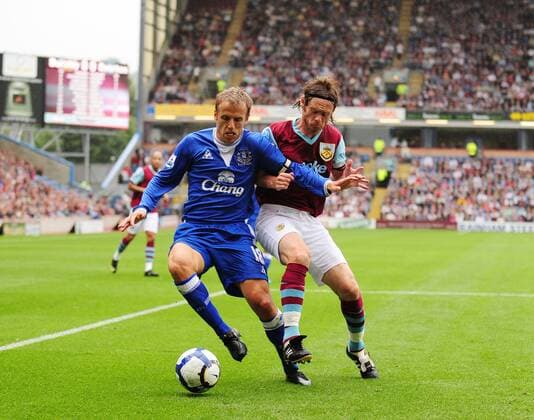 Phil Neville of Everton FC (L) challenged by Graham Alexander of Burnley FC Burnley FC v Everton FC EDITORIAL USE ONLY. No use with unauthorised audio, video, data, fixture lists, club league logos or live services. Online in-match use limited to 120 images, no video emulation. No use in betting, games or single club league player publications.
