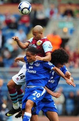 Tyrone Mears of Burnley FC rises above Steven Pienaar (L) of Everton FC and Marouane Fellaini of Everton FC Burnley FC v Everton FC EDITORIAL USE ONLY. No use with unauthorised audio, video, data, fixture lists, club league logos or live services. Online in-match use limited to 120 images, no video emulation. No use in betting, games or single club league player publications.