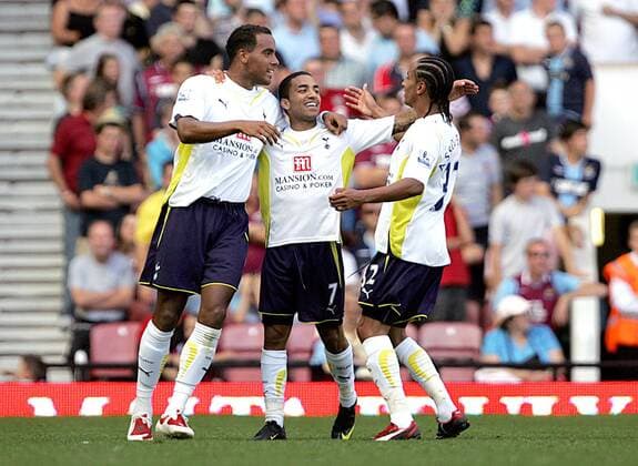 Aaron Lennon (C) of Tottenham Hotspur celebrates scoring West Ham United v Tottenham Hotspur Hotspurs Spurs EDITORIAL USE ONLY. No use with unauthorised audio, video, data, fixture lists, club league logos or live services. Online in-match use limited to 120 images, no video emulation. No use in betting, games or single club league player publications.