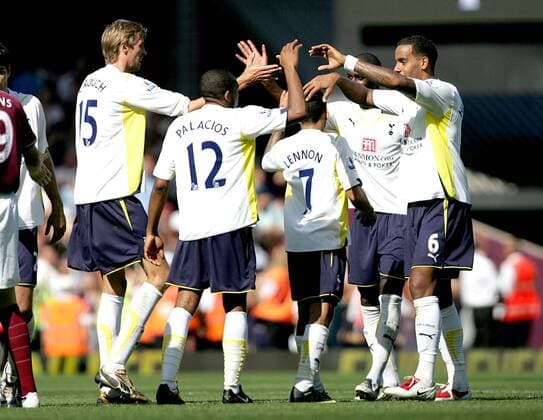 Tottenham Hotspur players celebrate Tottenham Hotspur Hotspurs Spurs EDITORIAL USE ONLY. No use with unauthorised audio, video, data, fixture lists, club league logos or live services. Online in-match use limited to 120 images, no video emulation. No use in betting, games or single club league player publications.