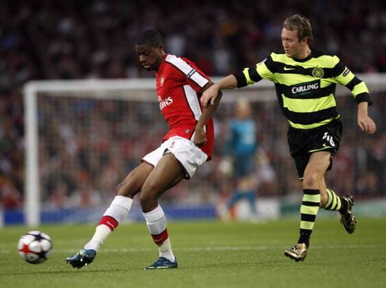 Arsenal FC London s Abou Diaby (L) tussles with Celtic Glasgow s Aiden McGeady EDITORIAL USE ONLY. No use with unauthorised audio, video, data, fixture lists, club league logos or live services. Online in-match use limited to 120 images, no video emulation. No use in betting, games or single club league player publications.