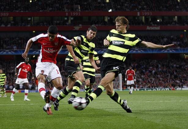 Arsenal FC London s Denilson fires in a shot vs Celtic Glasgow EDITORIAL USE ONLY. No use with unauthorised audio, video, data, fixture lists, club league logos or live services. Online in-match use limited to 120 images, no video emulation. No use in betting, games or single club league player publications.