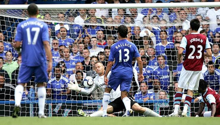 Brian Jensen of Burnley saves a shot from Michael Ballack of Chelsea Barclays Premier League Chelsea v Burnley 29th August, 2009 EDITORIAL USE ONLY. No use with unauthorised audio, video, data, fixture lists, club league logos or live services. Online in-match use limited to 120 images, no video emulation. No use in betting, games or single club league player publications.