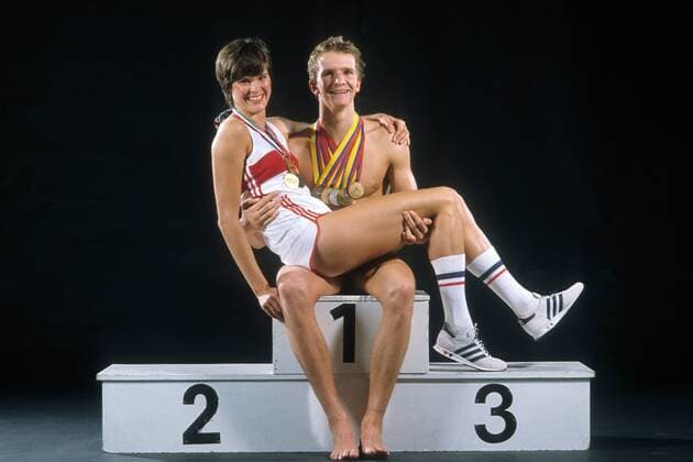 Ulrike Meyfarth und Michael Groß (beide BR Deutschland) Leichtathletik Damen Leichtathletik 1984, Hochsprung, Fotoshooting, Fotostudio, Studioaufnahme Gruppe Freude,
