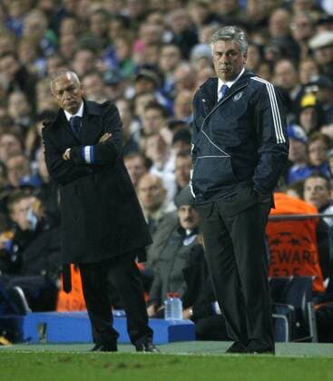 Chelsea s coach Carlo Ancelotti (R) looks on with Porto s coach Jesualdo Ferreira - EDITORIAL USE ONLY. No use with unauthorised audio, video, data, fixture lists, club league logos or live services. Online in-match use limited to 120 images, no video emulation. No use in betting, games or single club league player publications. o0 FC