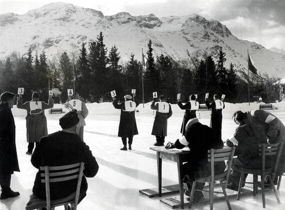 St. Moritz, ; Judges hold up the score cards while judging in the Women s Singles Skating Championships during the 1948 St. Moritz Winter Olympics.  - ZUMAk09