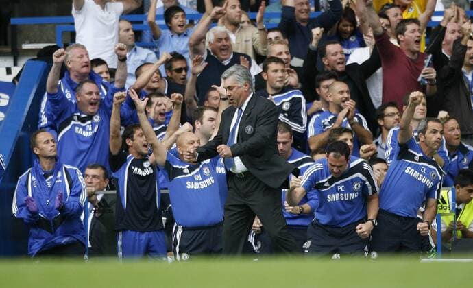 Chelsea s Carlo Ancelotti celebrates his sides first goal Barclays Premier League FC Chelsea v Tottenham Hotspur Hotspurs EDITORIAL USE ONLY. No use with unauthorised audio, video, data, fixture lists, club league logos or live services. Online in-match use limited to 120 images, no video emulation. No use in betting, games or single club league player publications.