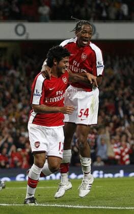 FC Arsenal London s Carlos Vela (L) celebrates scoring his sides second goal with Sanchez Watt - EDITORIAL USE ONLY. No use with unauthorised audio, video, data, fixture lists, club league logos or live services. Online in-match use limited to 120 images, no video emulation. No use in betting, games or single club league player publications. o0 Jubel, Freude
