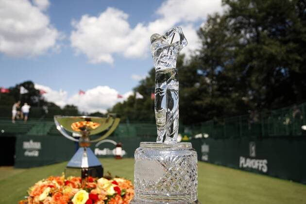 The Tour Championship trophy with the Fed Ex Cup trophy in the background in the final round of the FedEx Cup in Atlanta - Icon4880909270623 EDITORIAL USE ONLY