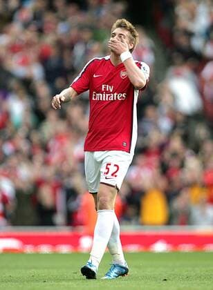 Nicklas Bendtner of Arsenal FC London celebrates EDITORIAL USE ONLY. No use with unauthorised audio, video, data, fixture lists, club league logos or live services. Online in-match use limited to 120 images, no video emulation. No use in betting, games or single club league player publications. o0 Einzelbild Freisteller Jubel Freude