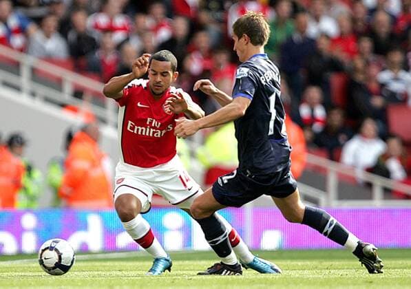 Theo Walcott (l.) of Arsenal FC London goes by Morten Gamst Pedersen of Blackburn Rovers EDITORIAL USE ONLY. No use with unauthorised audio, video, data, fixture lists, club league logos or live services. Online in-match use limited to 120 images, no video emulation. No use in betting, games or single club league player publications.