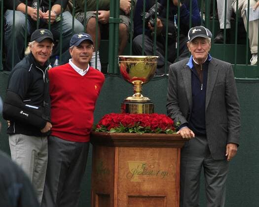 U.S. team Captain Fred Couples (USA, M) and International Captain Greg Norman (Australia, L) pose with Ex President George Bush (USA) before the start of the 8th Presidents Cup - ZUMAcj3 o00 The President s