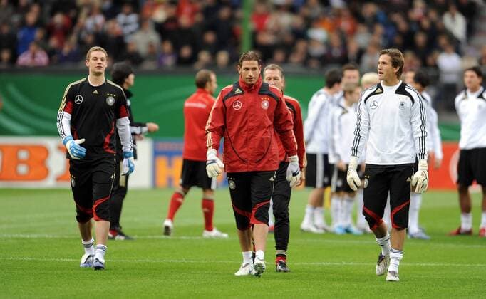 Training Deutschland, v.li. Torhüter Manuel Neuer, Torhüter Tim Wiese (Deutschland) und Torhüter Rene Adler