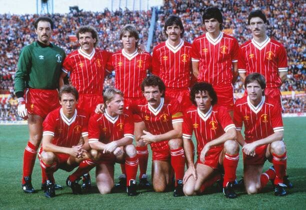 Liverpool FC team , Back Row : L to R. Bruce Grobbelaar,Alan Kennedy, Kenny Dalglish,Mark Lawrenson,Alan Hansen,Ian Rush. Front : Phil Neal,Sammy Lee,Graeme Souness,Craig Johnston,Ronnie Whelan. 