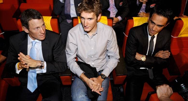 Lance Armstrong (USA Astana, li.), Andy Schleck (Luxemburg Saxo Bank, Mitte) und Alberto Contador (Spanien Astana) bei der Streckenpräsentation der Tour de France 2010 - 